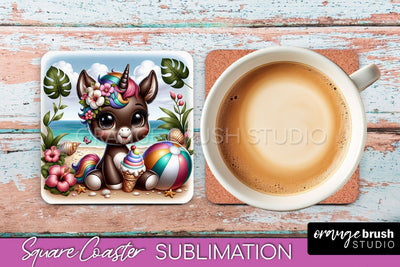 Unicorn Coaster Sublimation - Beach Square Coaster PNG Sublimation OrangeBrushStudio 