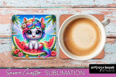 Unicorn Coaster Sublimation - Beach Square Coaster PNG Sublimation OrangeBrushStudio 