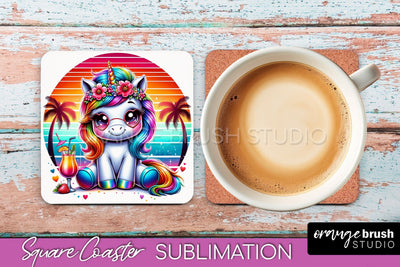 Unicorn Coaster Sublimation - Beach Square Coaster PNG Sublimation OrangeBrushStudio 