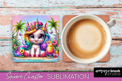 Unicorn Coaster Sublimation - Beach Square Coaster PNG Sublimation OrangeBrushStudio 