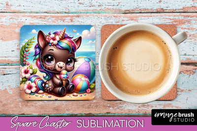 Unicorn Coaster Sublimation - Beach Square Coaster PNG Sublimation OrangeBrushStudio 