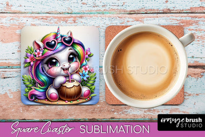 Unicorn Coaster Sublimation - Beach Square Coaster PNG Sublimation OrangeBrushStudio 