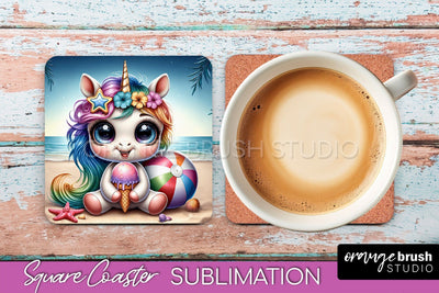 Unicorn Coaster Sublimation - Beach Square Coaster PNG Sublimation OrangeBrushStudio 