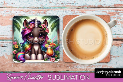 Unicorn Coaster Sublimation - Beach Square Coaster PNG Sublimation OrangeBrushStudio 