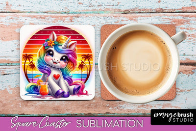 Unicorn Coaster Sublimation - Beach Square Coaster PNG Sublimation OrangeBrushStudio 