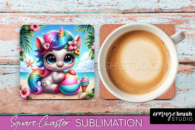 Unicorn Coaster Sublimation - Beach Square Coaster PNG Sublimation OrangeBrushStudio 
