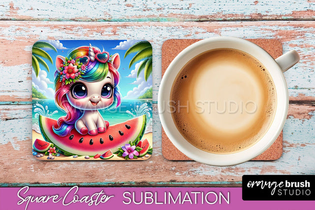 Unicorn Coaster Sublimation - Beach Square Coaster PNG Sublimation OrangeBrushStudio 
