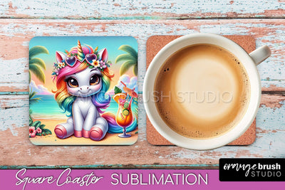 Unicorn Coaster Sublimation - Beach Square Coaster PNG Sublimation OrangeBrushStudio 