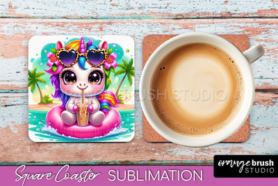 Unicorn Coaster Sublimation - Beach Square Coaster PNG Sublimation OrangeBrushStudio 