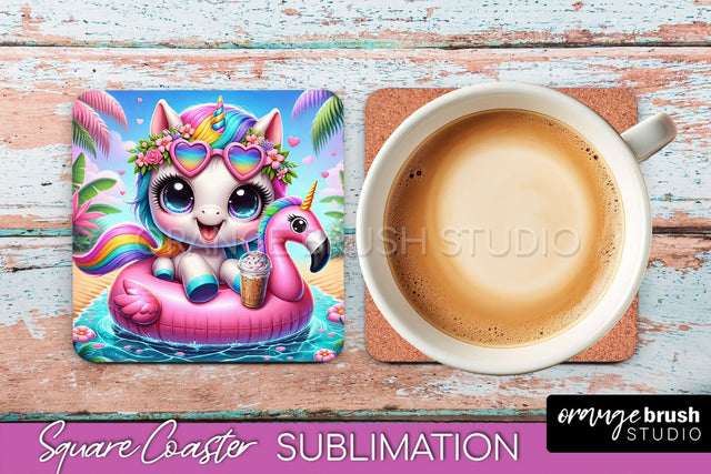 Unicorn Coaster Sublimation - Beach Square Coaster PNG Sublimation OrangeBrushStudio 