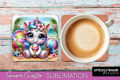 Unicorn Coaster Sublimation - Beach Square Coaster PNG Sublimation OrangeBrushStudio 