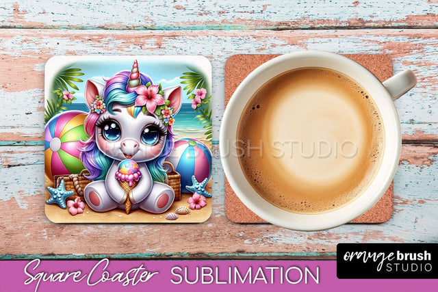 Unicorn Coaster Sublimation - Beach Square Coaster PNG Sublimation OrangeBrushStudio 