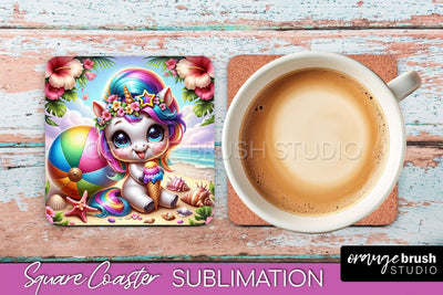 Unicorn Coaster Sublimation - Beach Square Coaster PNG Sublimation OrangeBrushStudio 