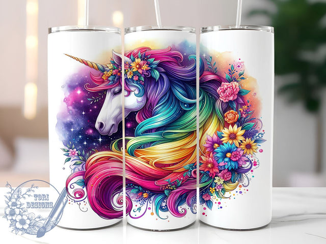 Unicorn Colorful Floral Fantasy 20oz Skinny Tumbler, Unicorn Tumbler Png, Straight & Tapered Tumbler Wrap, Instant Digital Download Sublimation ToriDesigns 