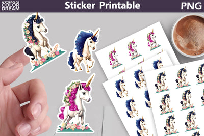 Unicorn Flowers Sticker | | Cute Unicorn Sticker Printable Sublimation WatercolorColorDream 