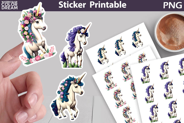 Unicorn Flowers Sticker | | Cute Unicorn Sticker Printable Sublimation WatercolorColorDream 