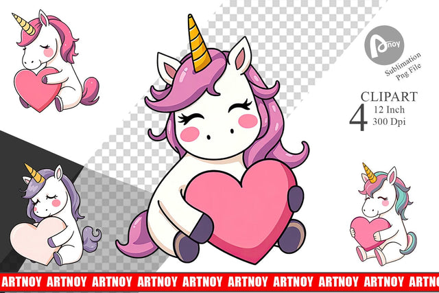 Unicorn Holding Heart Clipart Sublimation artnoy 