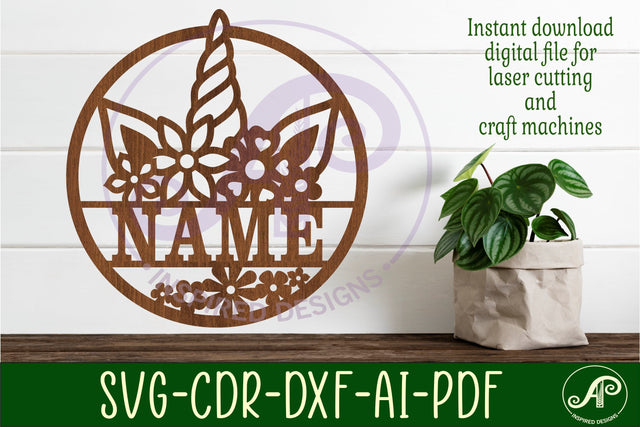 Unicorn horn name sign svg laser cut template SVG APInspireddesigns 