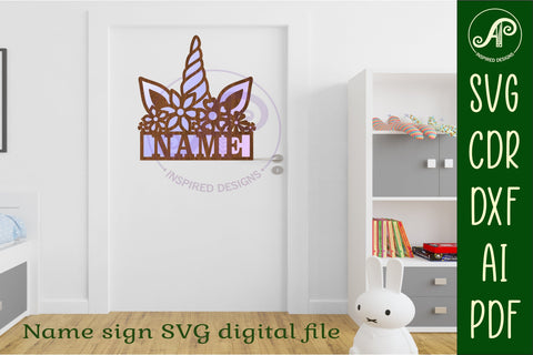 Unicorn horn Name sign svg laser cut template, wall art SVG APInspireddesigns 