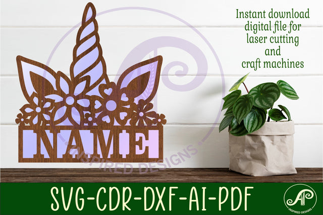 Unicorn horn Name sign svg laser cut template, wall art SVG APInspireddesigns 