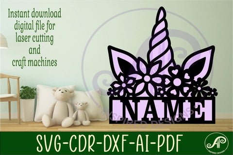 Unicorn horn Name sign svg laser cut template, wall art SVG APInspireddesigns 