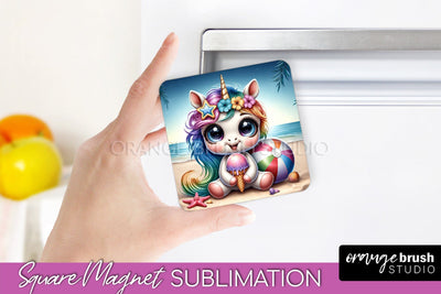 Unicorn Magnet Sublimation - Summer Beach Magnet for Fridge Sublimation OrangeBrushStudio 