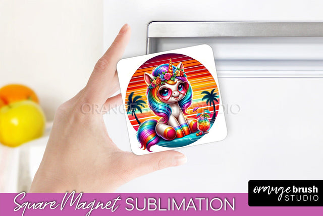 Unicorn Magnet Sublimation - Summer Beach Magnet for Fridge Sublimation OrangeBrushStudio 