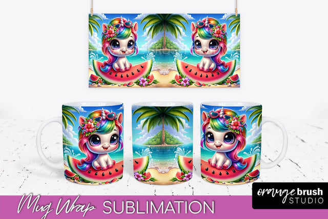Unicorn Mug Wrap - Summer Beach Mug Sublimation Design Sublimation OrangeBrushStudio 