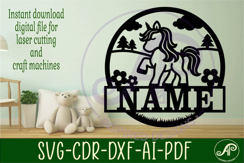 Unicorn name sign svg laser cut template SVG APInspireddesigns 