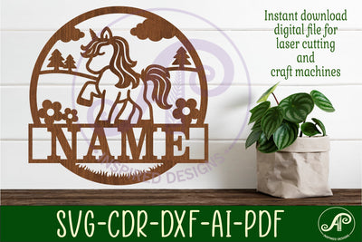 Unicorn name sign svg laser cut template SVG APInspireddesigns 