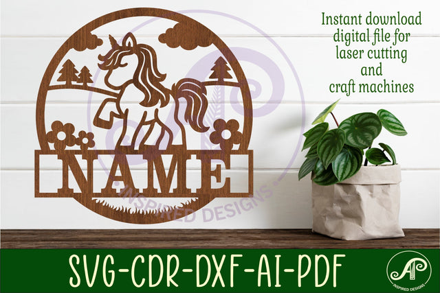Unicorn name sign svg laser cut template SVG APInspireddesigns 