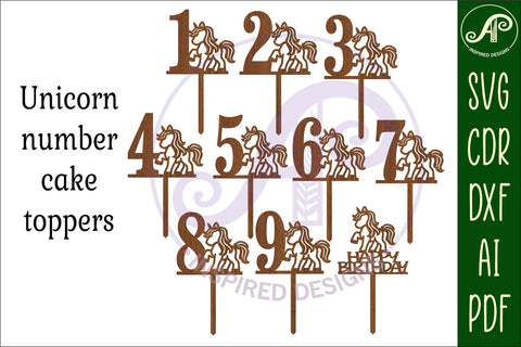 Unicorn number cake toppers, 10 designs SVG laser cut SVG APInspireddesigns 