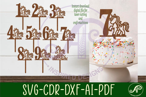 Unicorn number cake toppers, 10 designs SVG laser cut SVG APInspireddesigns 