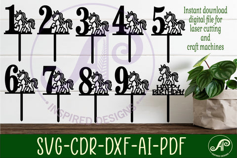 Unicorn number cake toppers, 10 designs SVG laser cut SVG APInspireddesigns 