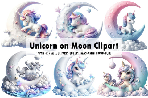 Unicorn on Moon Watercolor Clipart Sublimation Rupkotha 