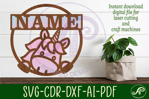 Unicorn peeking name sign svg laser cut template SVG APInspireddesigns 