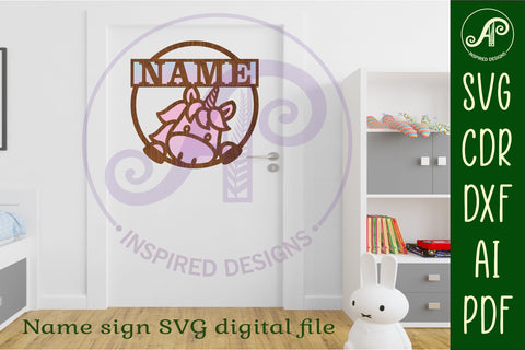 Unicorn peeking name sign svg laser cut template SVG APInspireddesigns 