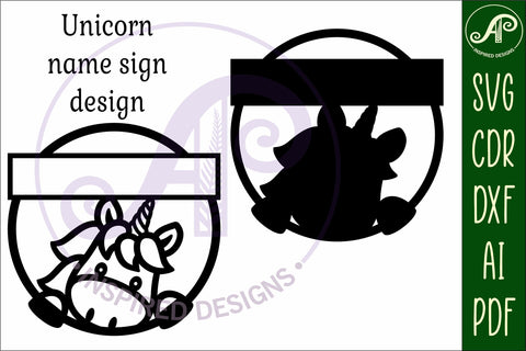 Unicorn peeking name sign svg laser cut template SVG APInspireddesigns 