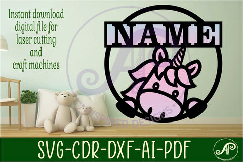 Unicorn peeking name sign svg laser cut template SVG APInspireddesigns 