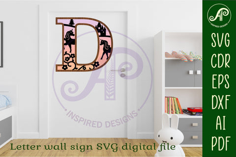 Unicorns Large D wall Letter 3 layer sign SVG APInspireddesigns 