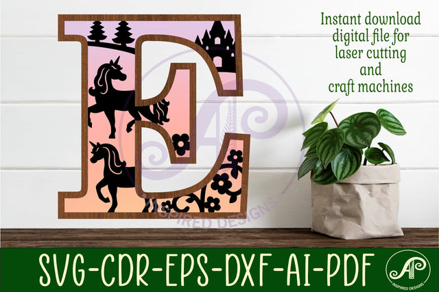 Unicorns Large E wall Letter 3 layer sign SVG APInspireddesigns 