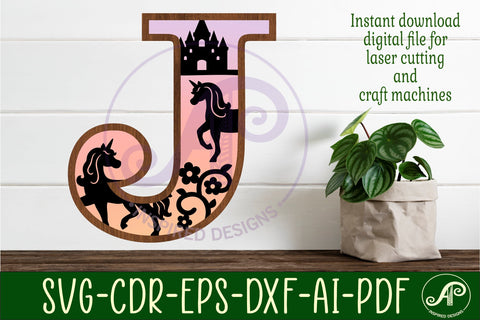 Unicorns Large J wall Letter 3 layer sign SVG APInspireddesigns 