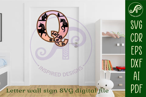 Unicorns Large Q wall Letter 3 layer sign SVG APInspireddesigns 
