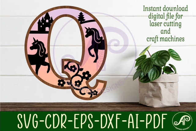 Unicorns Large Q wall Letter 3 layer sign SVG APInspireddesigns 