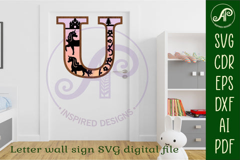 Unicorns Large U wall Letter 3 layer sign SVG APInspireddesigns 