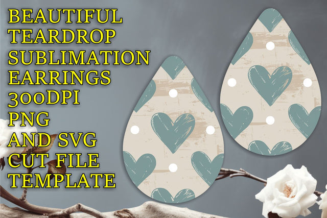 Unique earring design for sublimation, easy-to-edit PNG, Heart Sublimation HoodArtCraft 