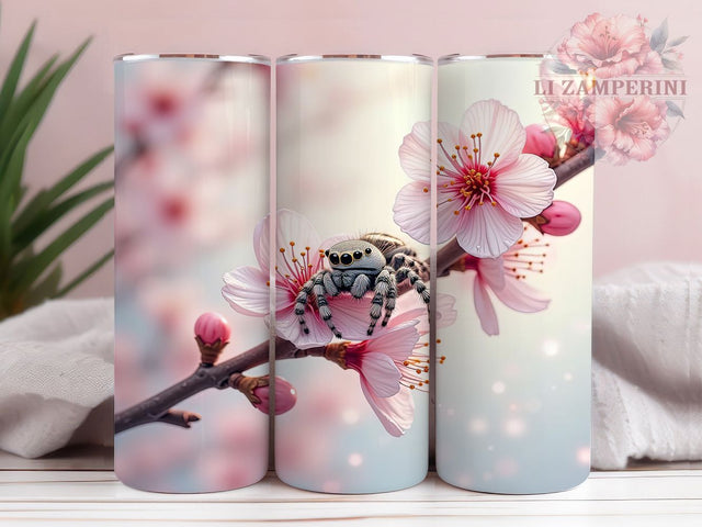 Unique Sakura Spider Floral Tumbler, Sakura Drinkware, Cute Jumping Spider, 20oz Sublimation Wrap, Floral Tumbler, Japanese Cherry Blossom, Unique Insect Design Sublimation Li Zamperini 