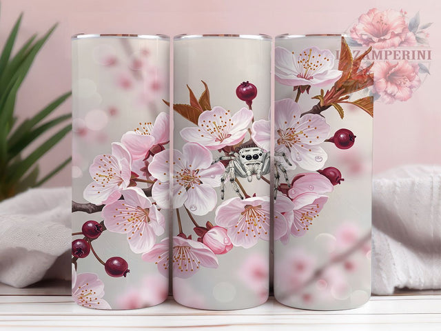 Unique Sakura Spider Floral Tumbler, Sakura Drinkware, Cute Jumping Spider, 20oz Sublimation Wrap, Floral Tumbler, Japanese Cherry Blossom, Unique Insect Design Sublimation Li Zamperini 