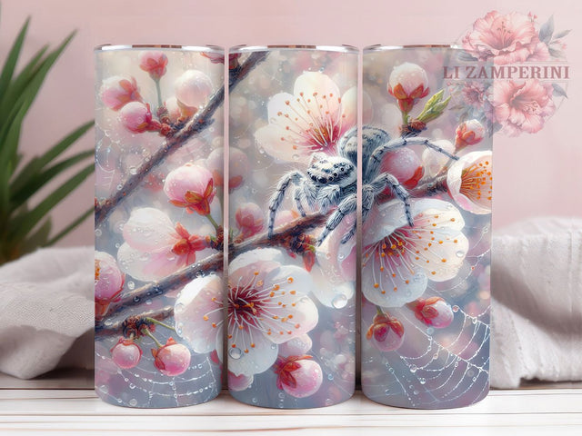 Unique Sakura Spider Floral Tumbler, Sakura Drinkware, Cute Jumping Spider, 20oz Sublimation Wrap, Floral Tumbler, Japanese Cherry Blossom, Unique Insect Design Sublimation Li Zamperini 