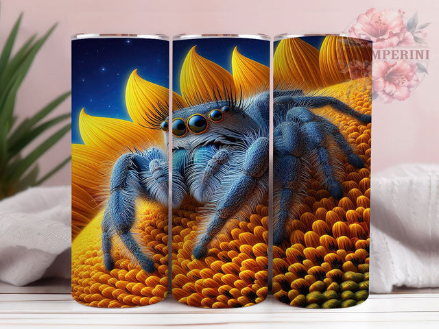 Unique Spring Sunflower Spider Tumbler, Jumping Spider Design, Spring Tumbler Wrap, 20oz Sublimation Mug, Floral Insect Drinkware, Nature Lover Gift, Unique Tumbler Design Sublimation Li Zamperini 